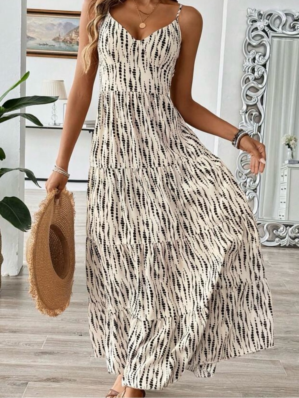 SHEIN Black and Cream Spotted V-Neck Maxi Dress